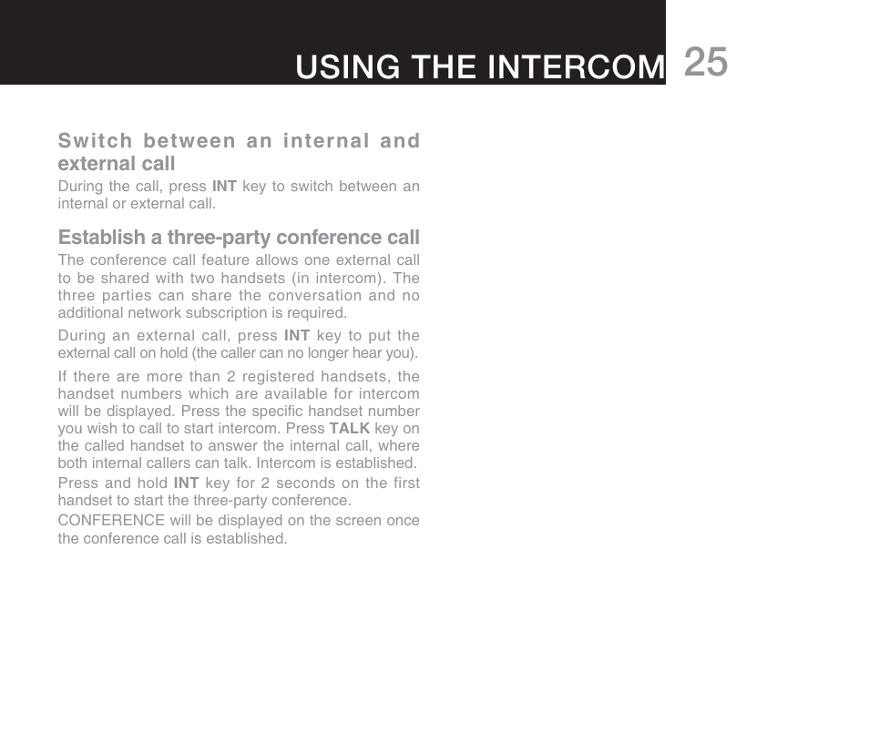 Using the intercom | Oricom DECT DIGITAL CORDLESS PHONE ECO71 User Manual | Page 27 / 40