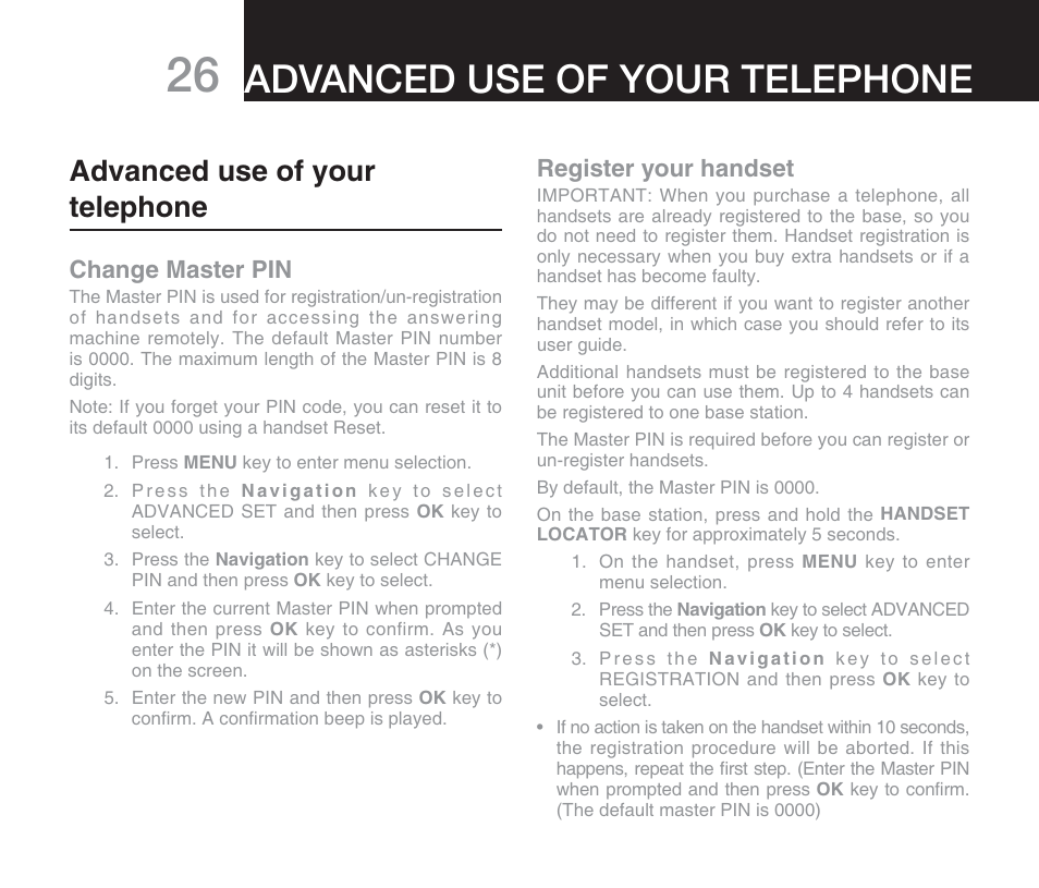 Advanced use of your telephone, Register your handset, Change master pin | Oricom DECT DIGITAL CORDLESS PHONE ECO71 User Manual | Page 28 / 40