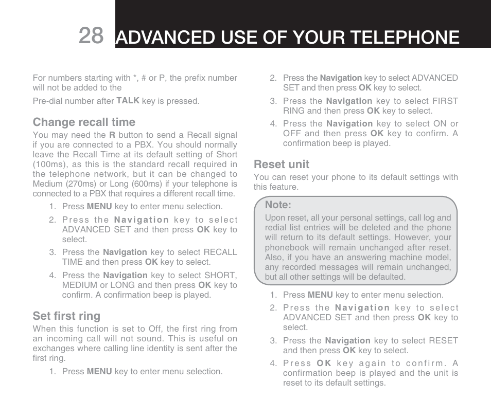 Advanced use of your telephone, Reset unit, Change recall time | Set ﬁrst ring | Oricom DECT DIGITAL CORDLESS PHONE ECO71 User Manual | Page 30 / 40