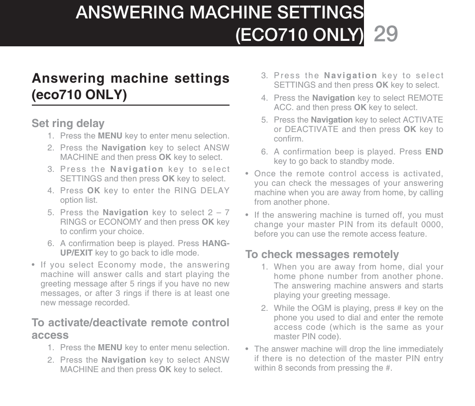 Answering machine settings (eco710 only), Set ring delay | Oricom DECT DIGITAL CORDLESS PHONE ECO71 User Manual | Page 31 / 40