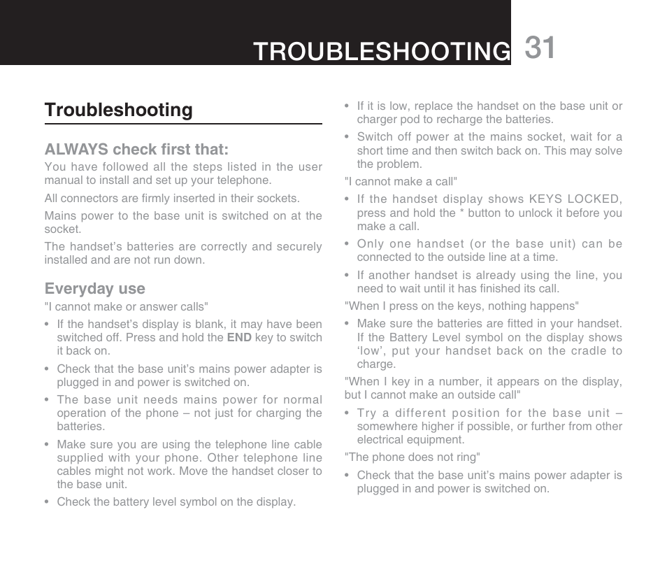 Troubleshooting, Always check ﬁrst that, Everyday use | Oricom DECT DIGITAL CORDLESS PHONE ECO71 User Manual | Page 33 / 40