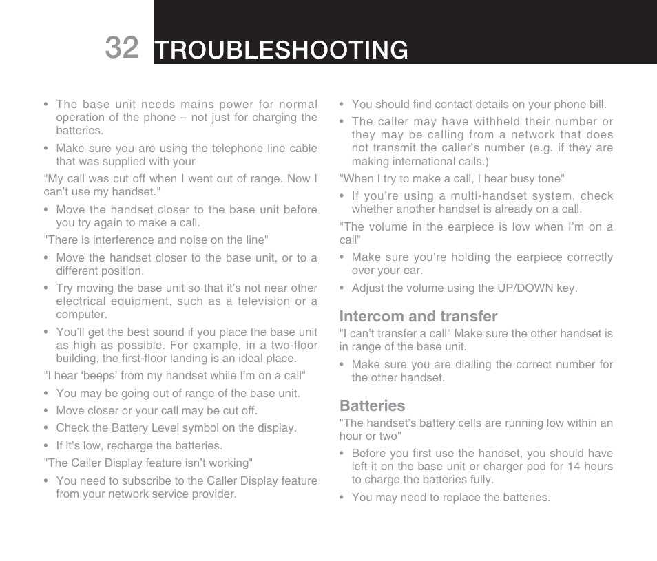 Handset tone troubleshooting, Intercom and transfer, Batteries | Oricom DECT DIGITAL CORDLESS PHONE ECO71 User Manual | Page 34 / 40