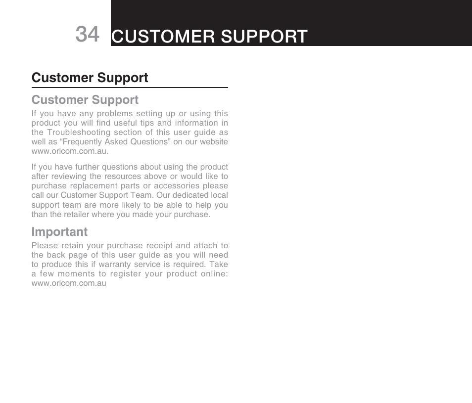 Customer support | Oricom DECT DIGITAL CORDLESS PHONE ECO71 User Manual | Page 36 / 40