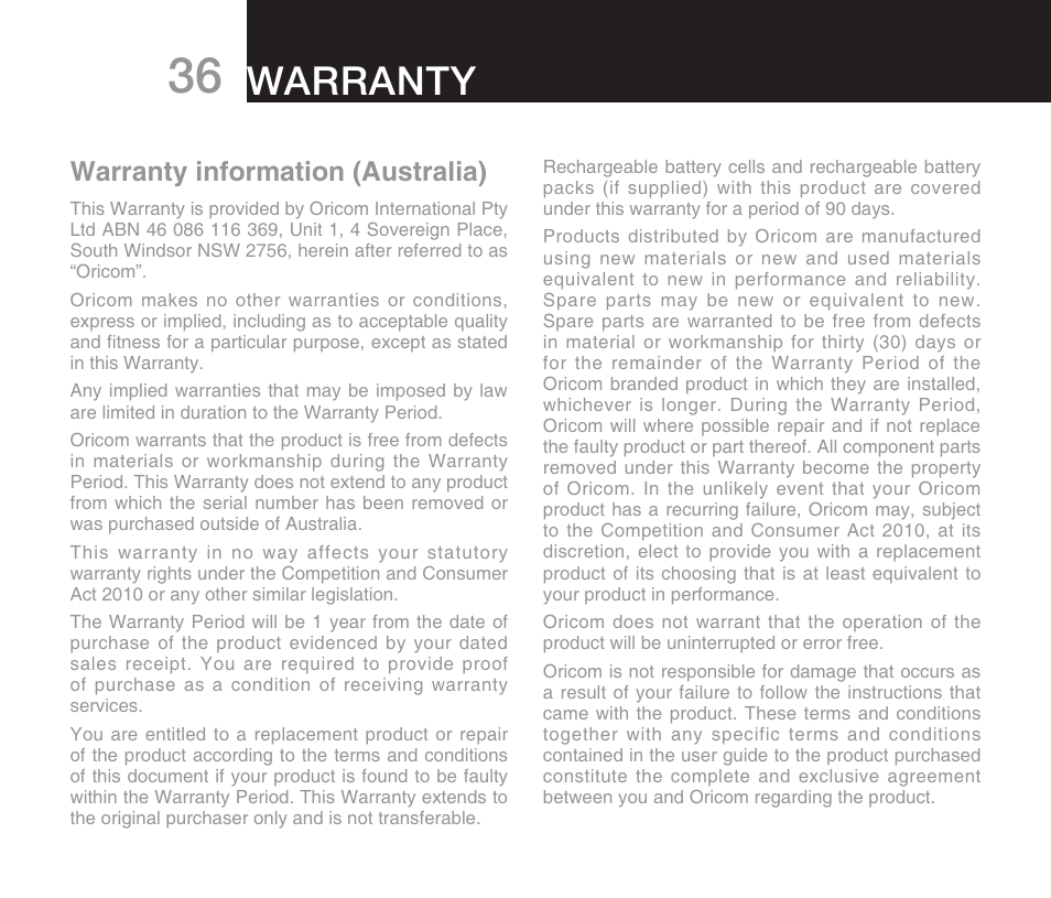 Warranty, Warranty information (australia) | Oricom DECT DIGITAL CORDLESS PHONE ECO71 User Manual | Page 38 / 40