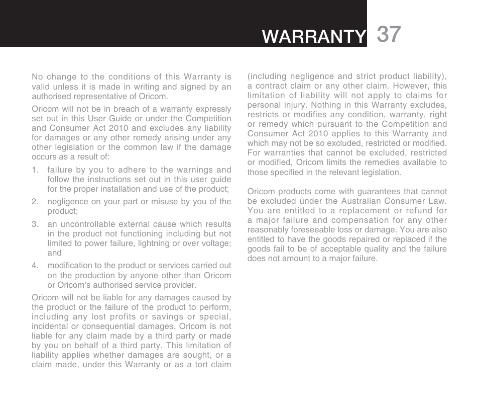 Warranty | Oricom DECT DIGITAL CORDLESS PHONE ECO71 User Manual | Page 39 / 40