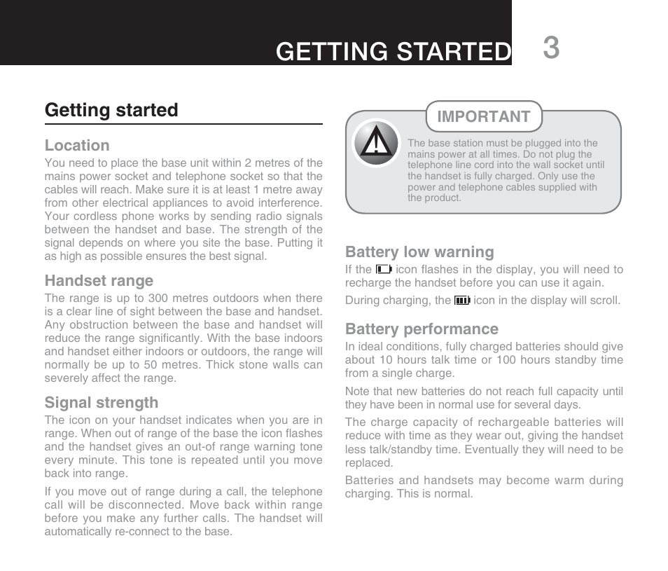 Getting started | Oricom DECT DIGITAL CORDLESS PHONE ECO71 User Manual | Page 5 / 40