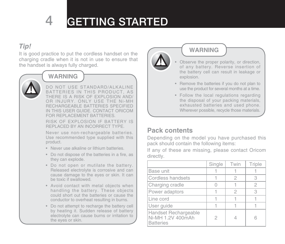 Getting started, Pack contents | Oricom DECT DIGITAL CORDLESS PHONE ECO71 User Manual | Page 6 / 40