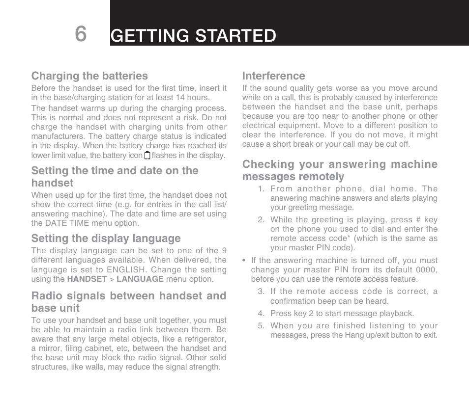 Getting started | Oricom DECT DIGITAL CORDLESS PHONE ECO71 User Manual | Page 8 / 40