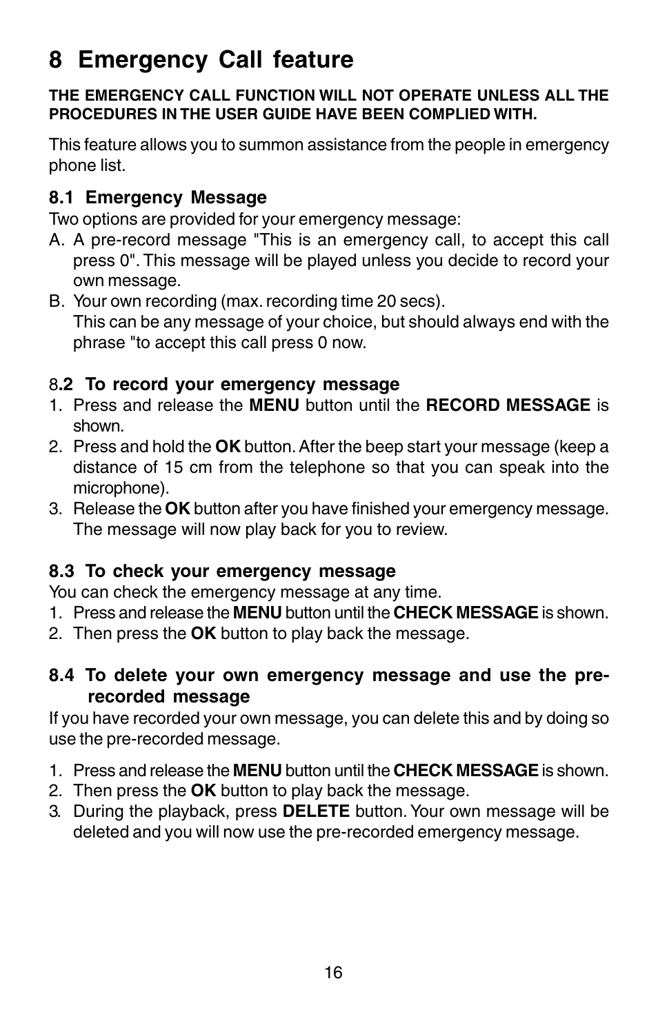 8 emergency call feature | Oricom TP170WP User Manual | Page 16 / 24