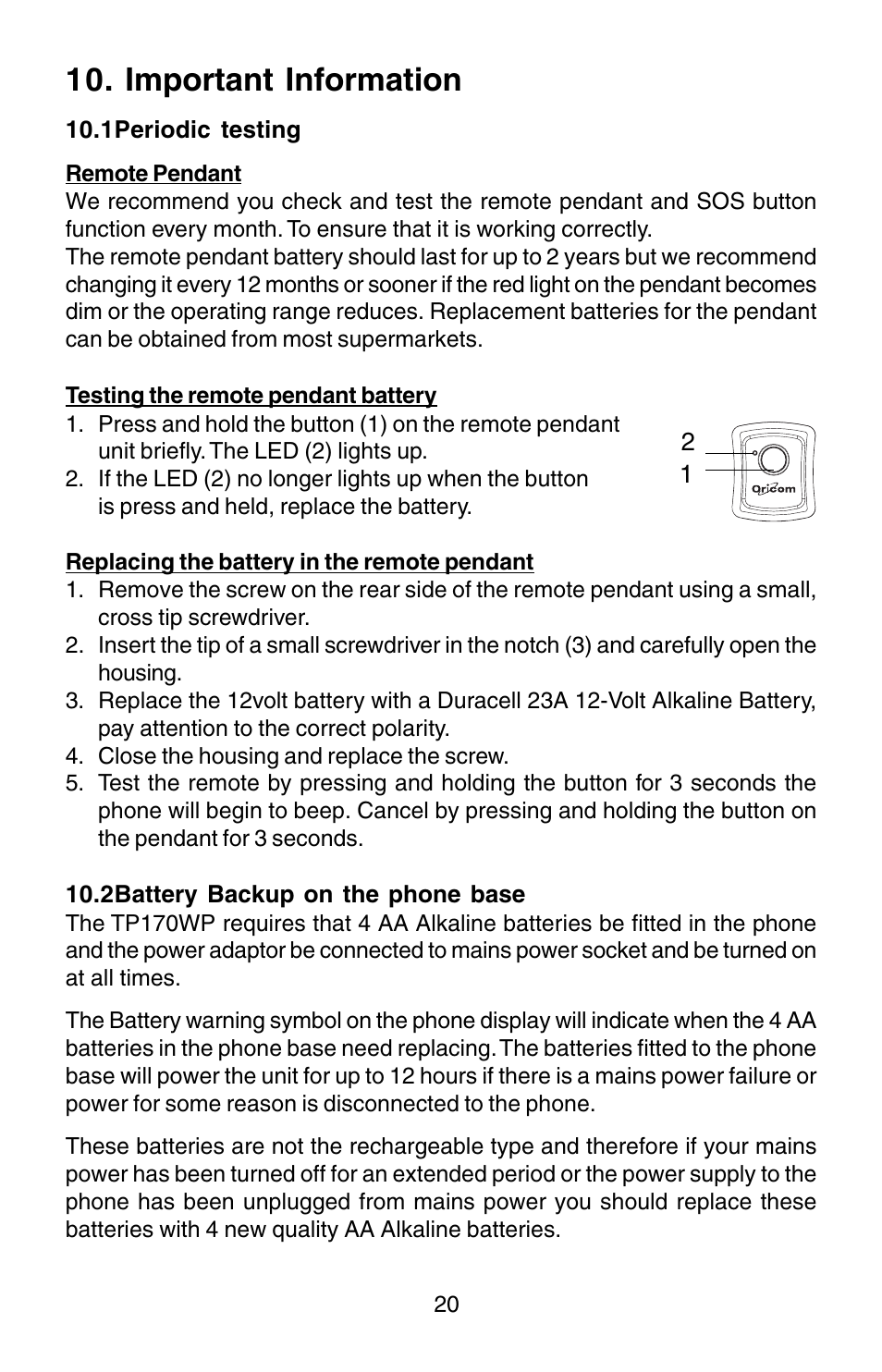 Important information | Oricom TP170WP User Manual | Page 20 / 24