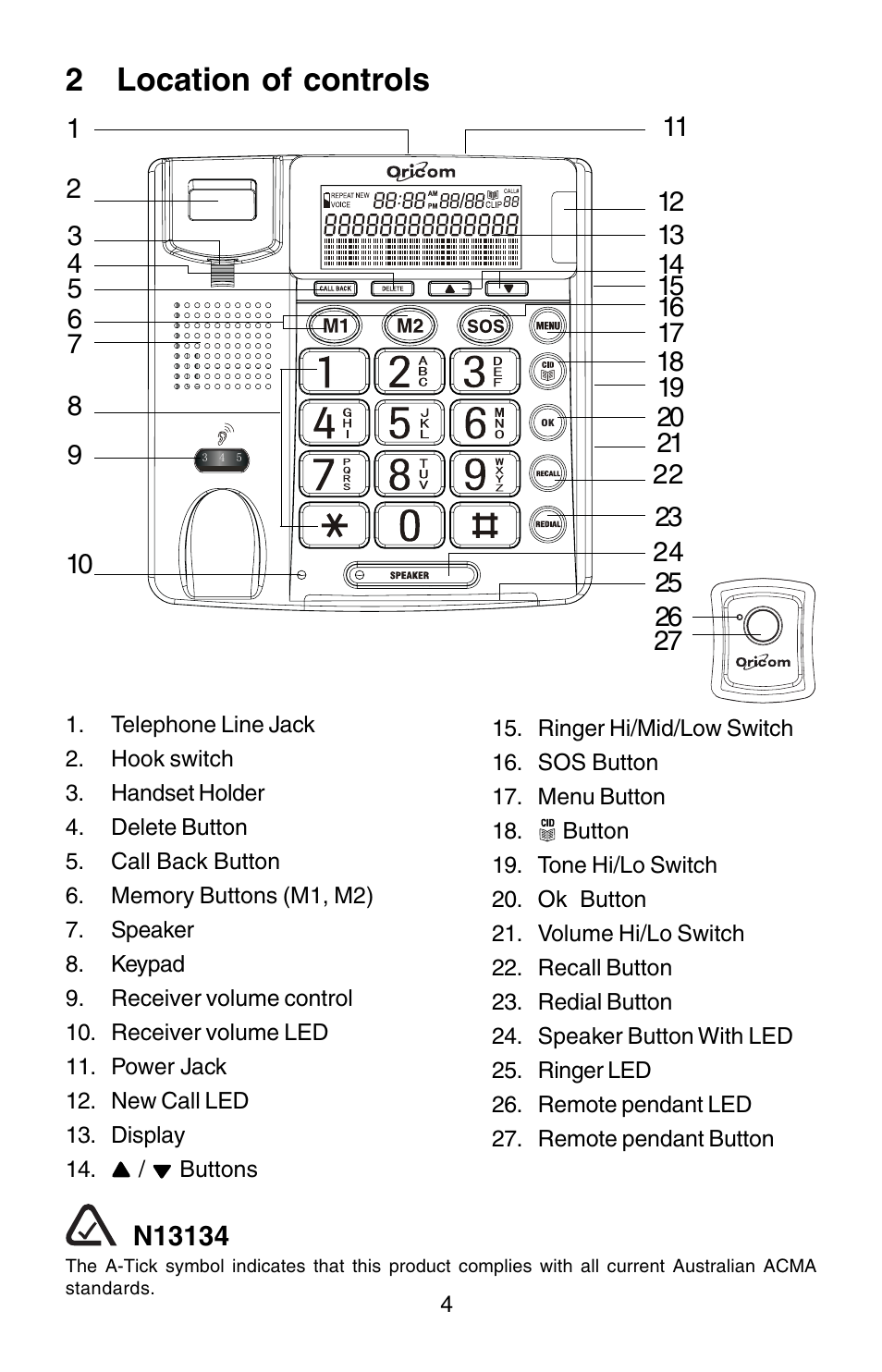 2 location of controls | Oricom TP170WP User Manual | Page 4 / 24