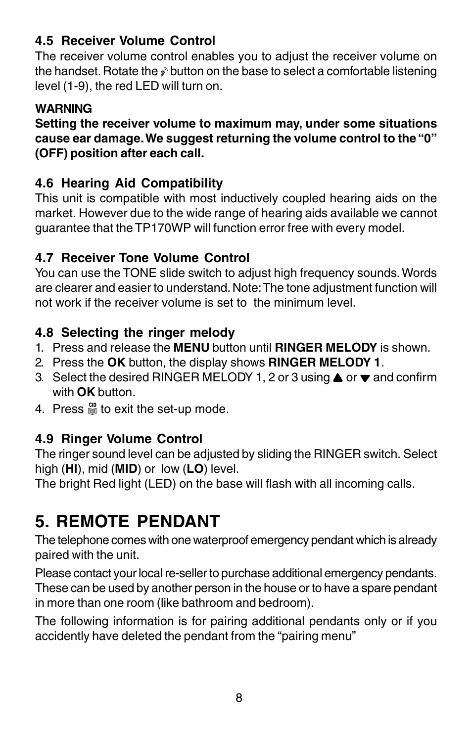 Remote pendant | Oricom TP170WP User Manual | Page 8 / 24