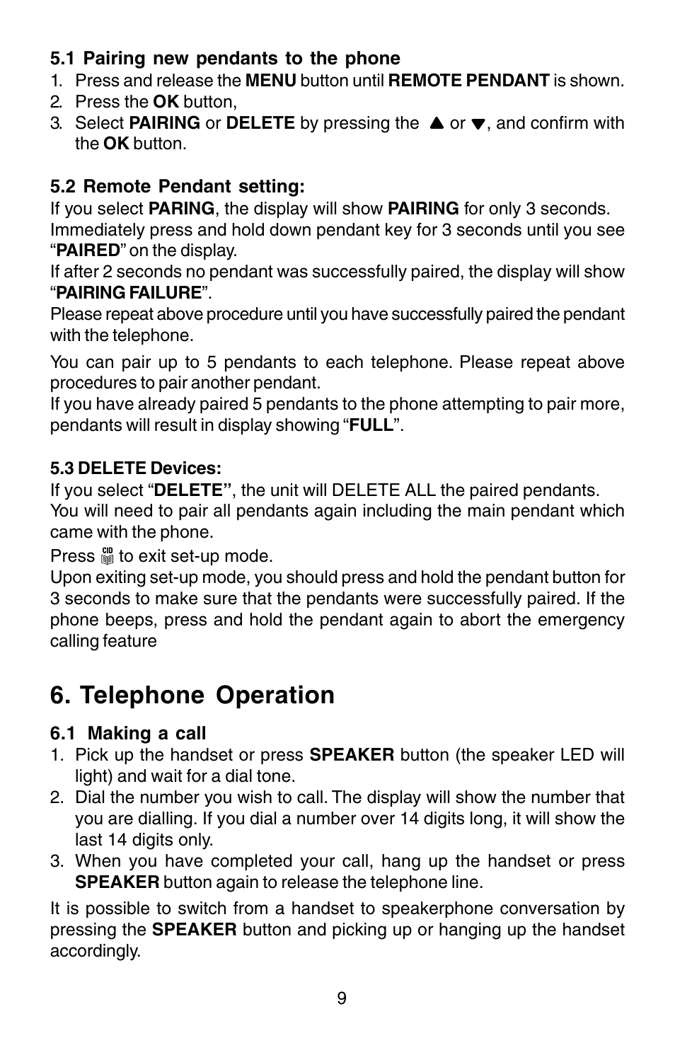 Telephone operation | Oricom TP170WP User Manual | Page 9 / 24