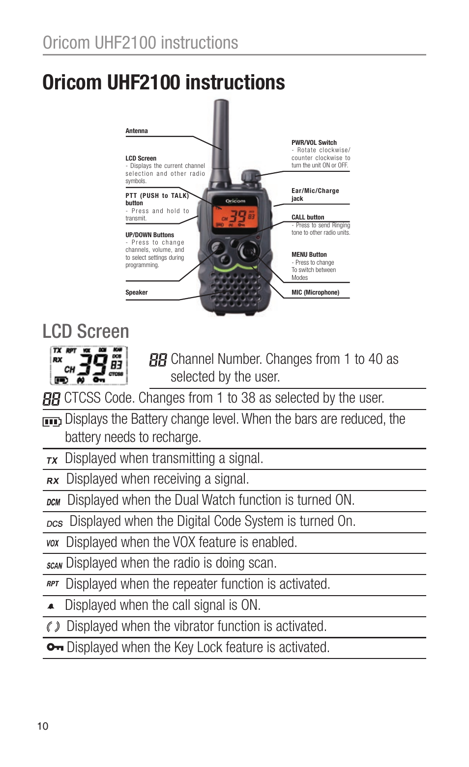 Lcd screen, Oricom uhf2100 instructions | Oricom UHF2100 User Manual | Page 10 / 24