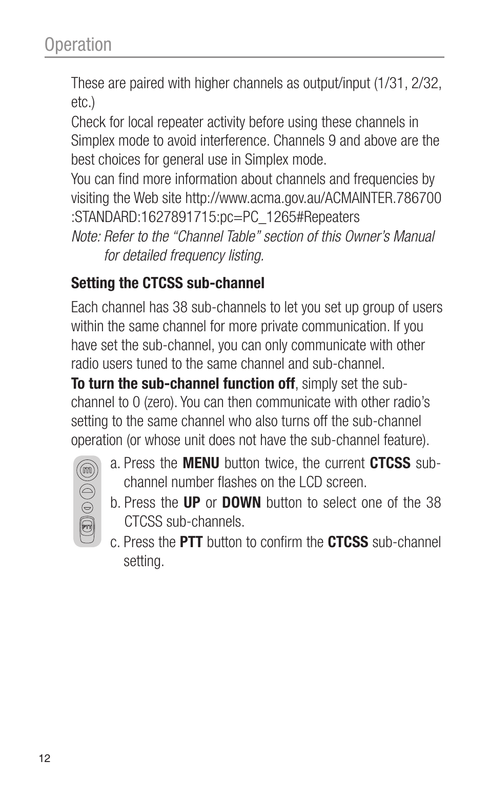 Operation | Oricom UHF2100 User Manual | Page 12 / 24