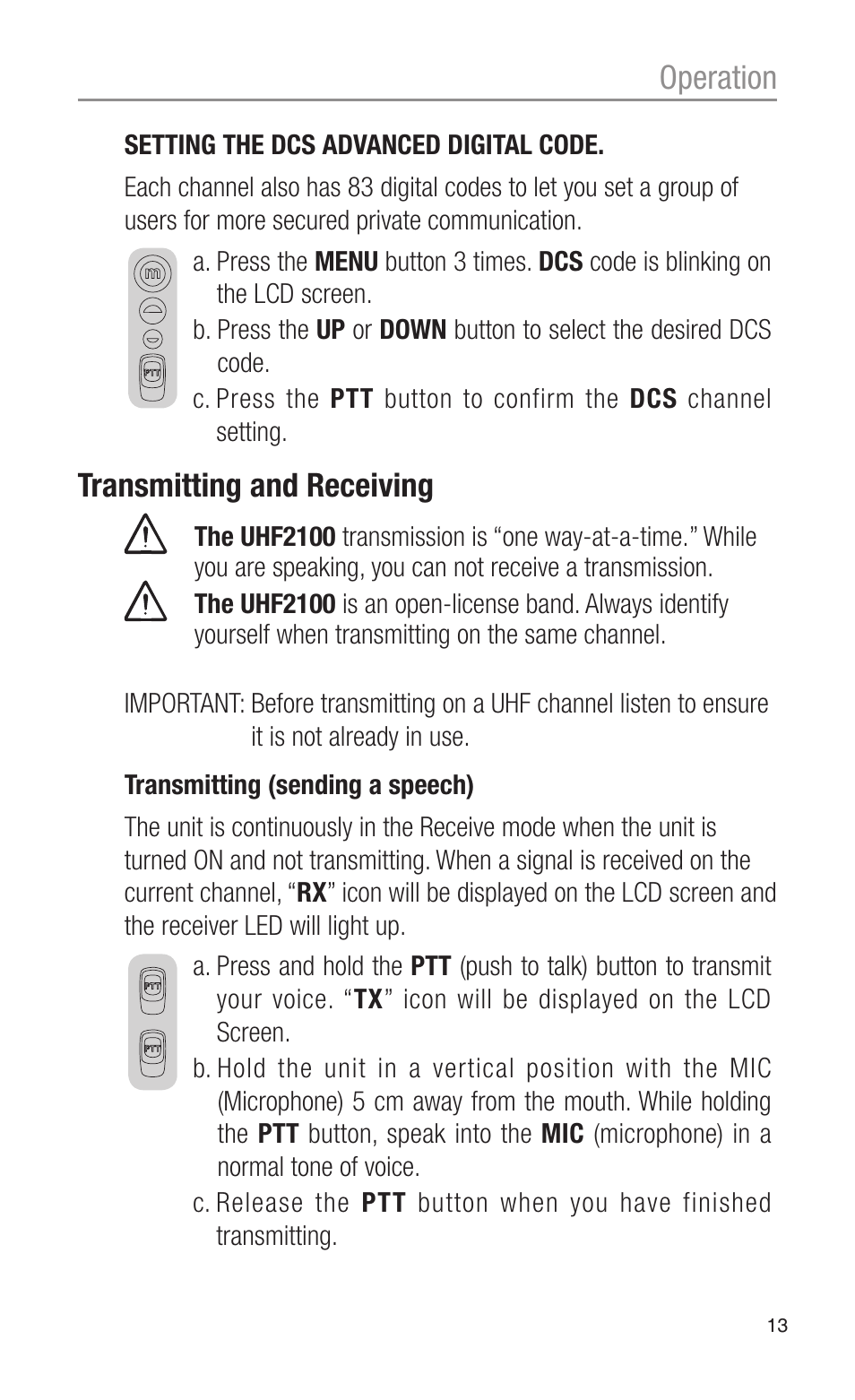 Operation, Transmitting and receiving | Oricom UHF2100 User Manual | Page 13 / 24