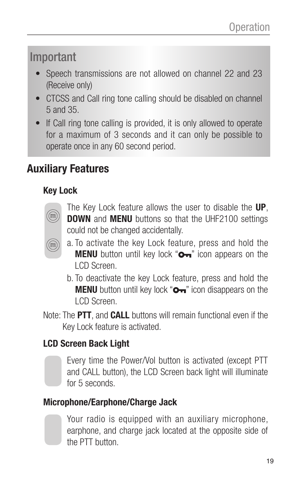 Important, Operation, Auxiliary features | Oricom UHF2100 User Manual | Page 19 / 24