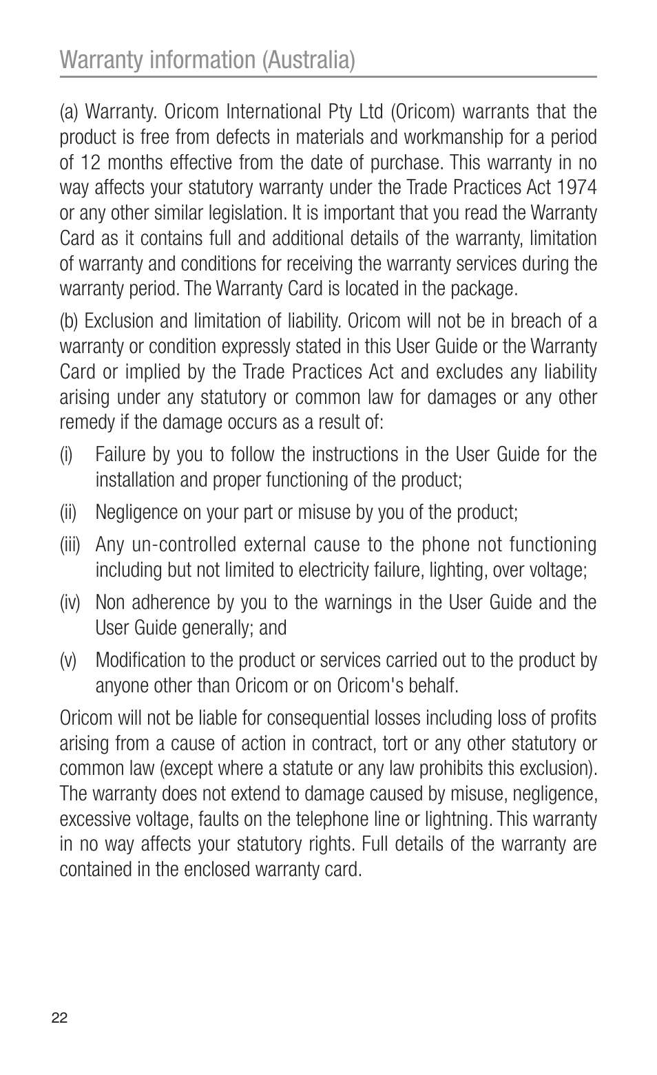 Warranty information (australia) | Oricom UHF2100 User Manual | Page 22 / 24