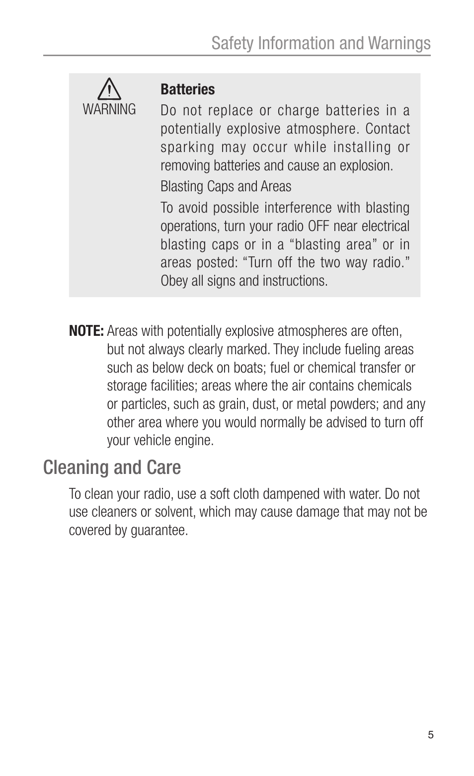 Cleaning and care, Safety information and warnings | Oricom UHF2100 User Manual | Page 5 / 24