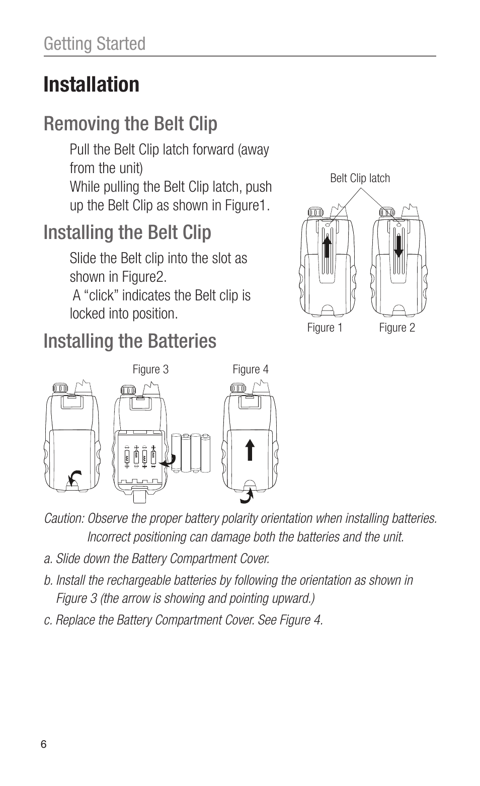 Installation, Removing the belt clip, Installing the belt clip | Installing the batteries, Getting started | Oricom UHF2100 User Manual | Page 6 / 24