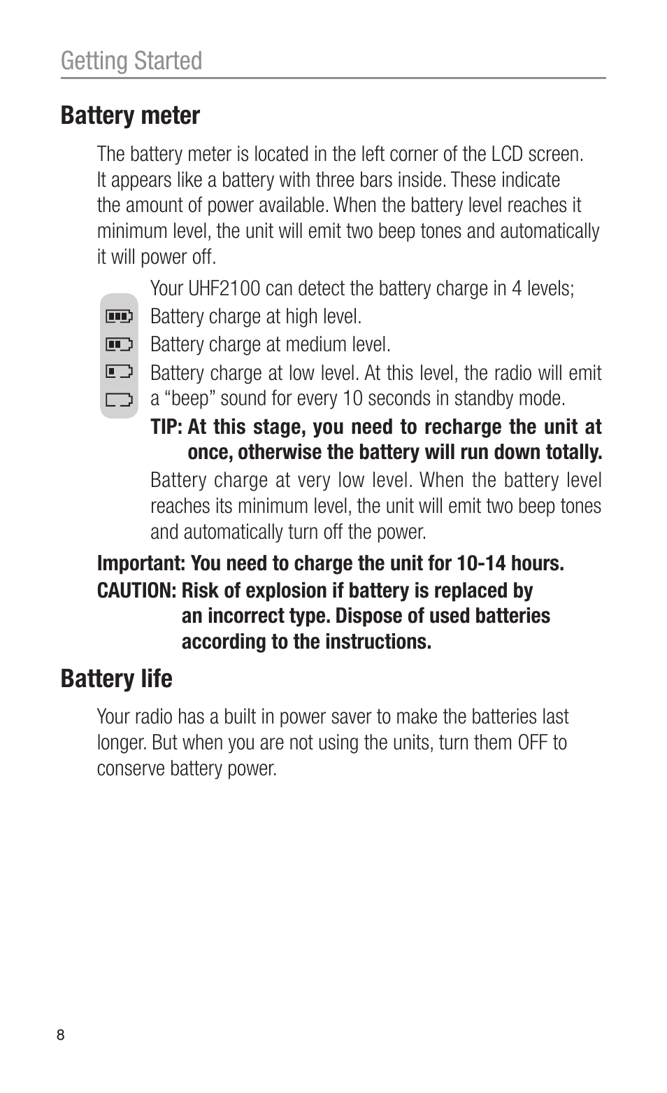 Getting started battery meter, Battery life | Oricom UHF2100 User Manual | Page 8 / 24