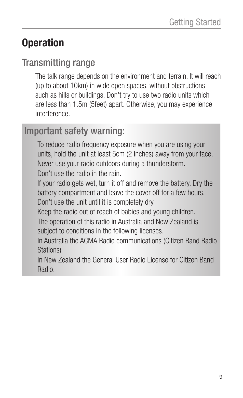 Operation, Transmitting range, Important safety warning | Oricom UHF2100 User Manual | Page 9 / 24