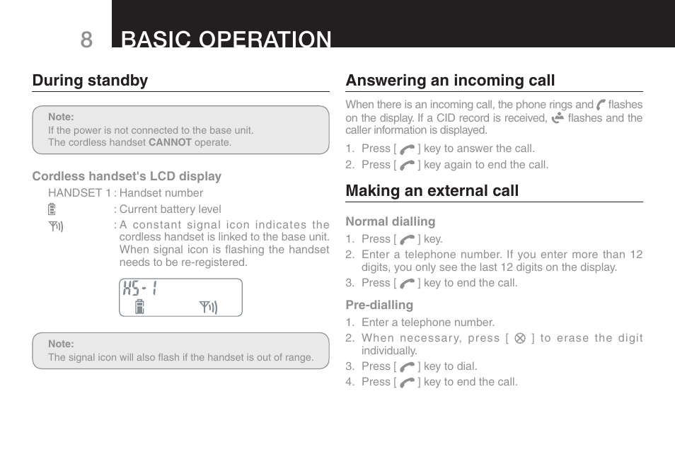 8basic operation, During standby, Answering an incoming call | Making an external call | Oricom ECO70 User Manual | Page 10 / 36