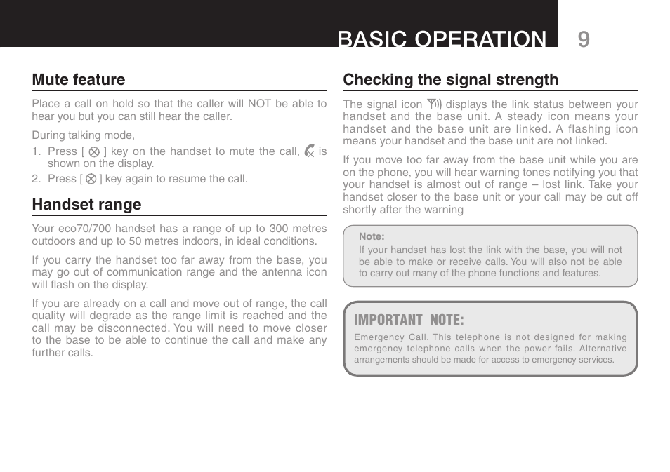 9basic operation, Mute feature, Handset range | Checking the signal strength | Oricom ECO70 User Manual | Page 11 / 36