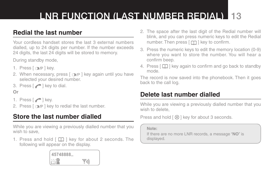 13 lnr function (last number redial), Redial the last number, Store the last number dialled | Delete last number dialled | Oricom ECO70 User Manual | Page 15 / 36