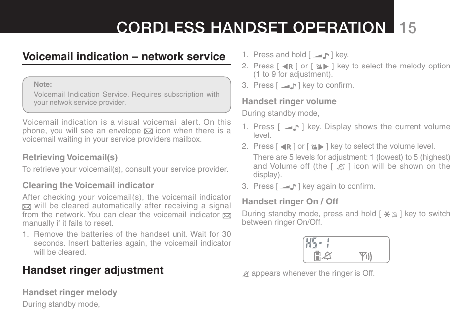 15 cordless handset operation, Voicemail indication – network service, Handset ringer adjustment | Oricom ECO70 User Manual | Page 17 / 36