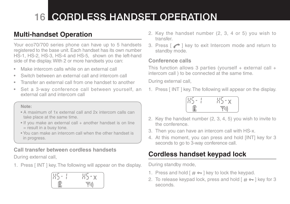 16 cordless handset operation, Multi-handset operation, Cordless handset keypad lock | Oricom ECO70 User Manual | Page 18 / 36