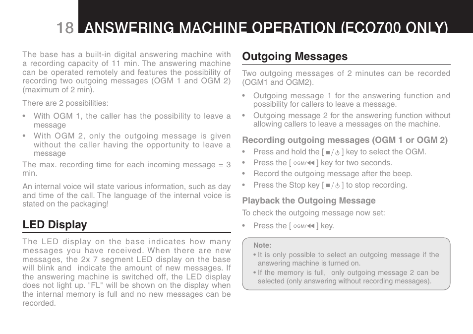 Led display, Outgoing messages | Oricom ECO70 User Manual | Page 20 / 36