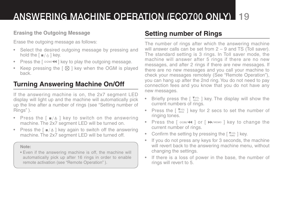 Turning answering machine on/off, Setting number of rings | Oricom ECO70 User Manual | Page 21 / 36