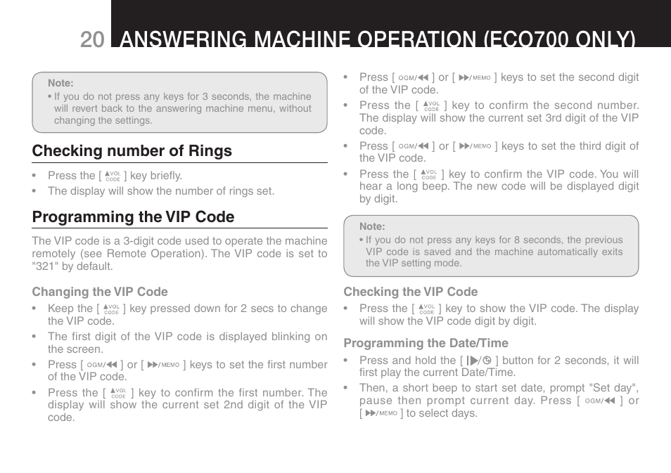 Answering machine operation (eco700 only), Checking number of rings, Programming the vip code | Oricom ECO70 User Manual | Page 22 / 36