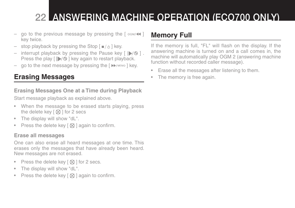 Erasing messages | Oricom ECO70 User Manual | Page 24 / 36