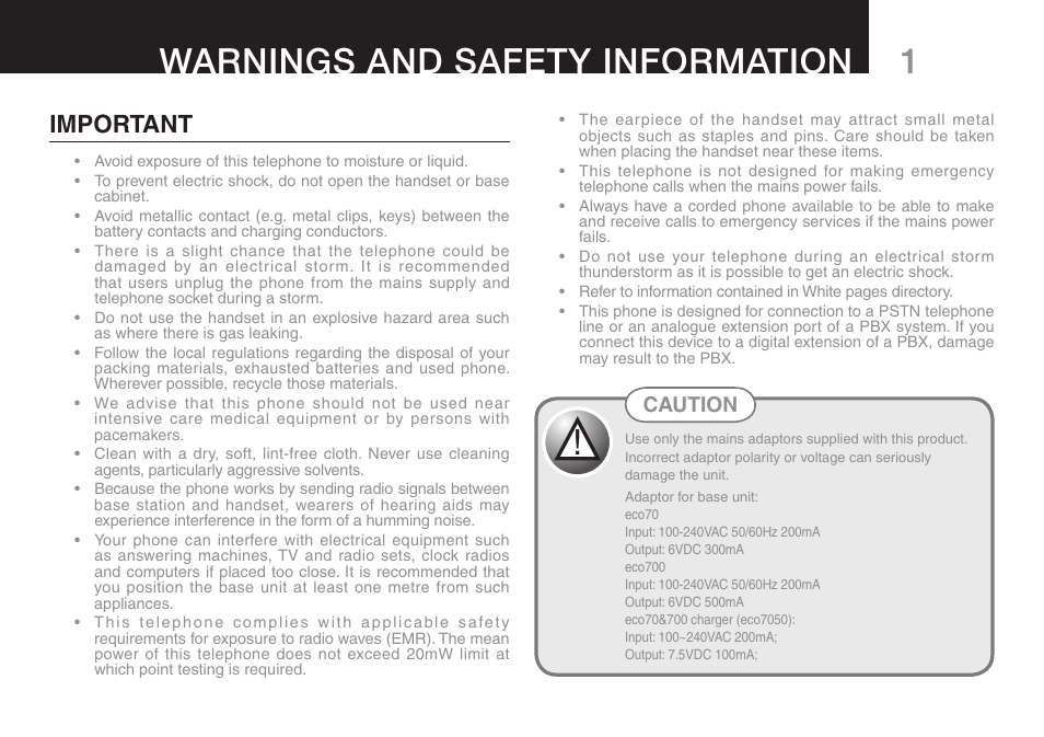 Warnings and safety information, Important, Caution | Oricom ECO70 User Manual | Page 3 / 36