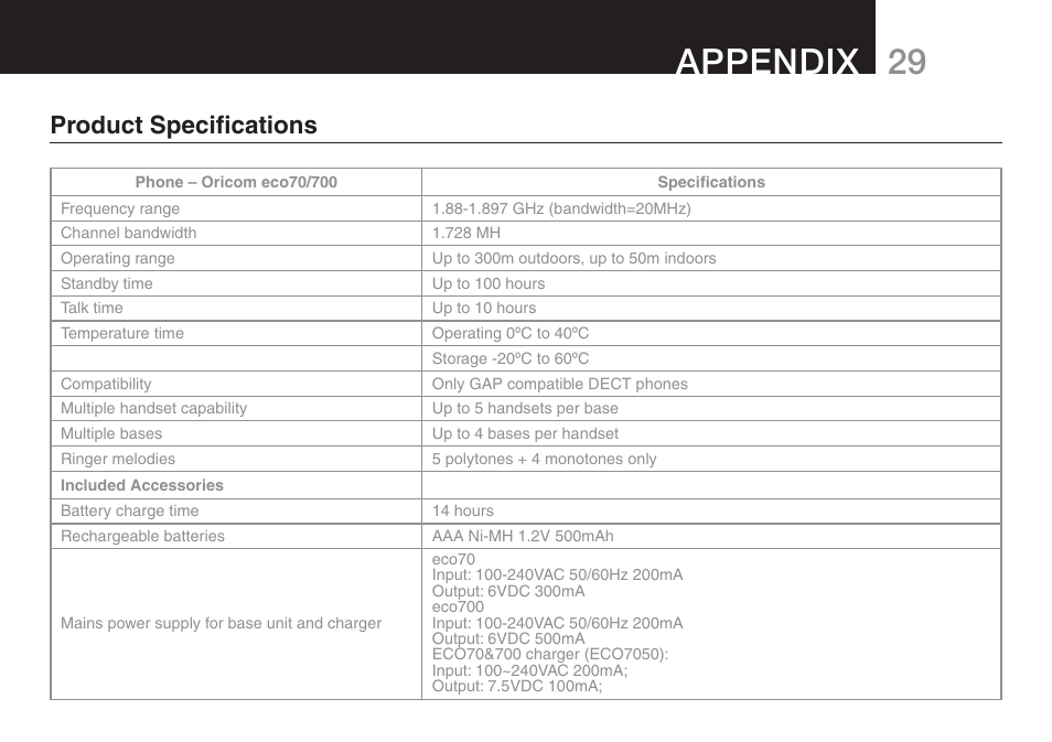 29 appendix, Product specifications | Oricom ECO70 User Manual | Page 31 / 36