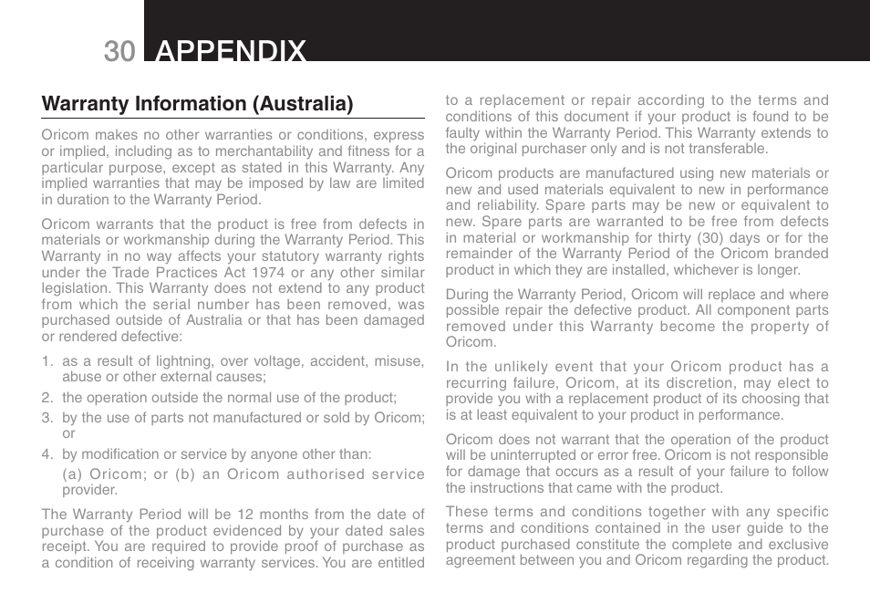 30 appendix, Warranty information (australia) | Oricom ECO70 User Manual | Page 32 / 36