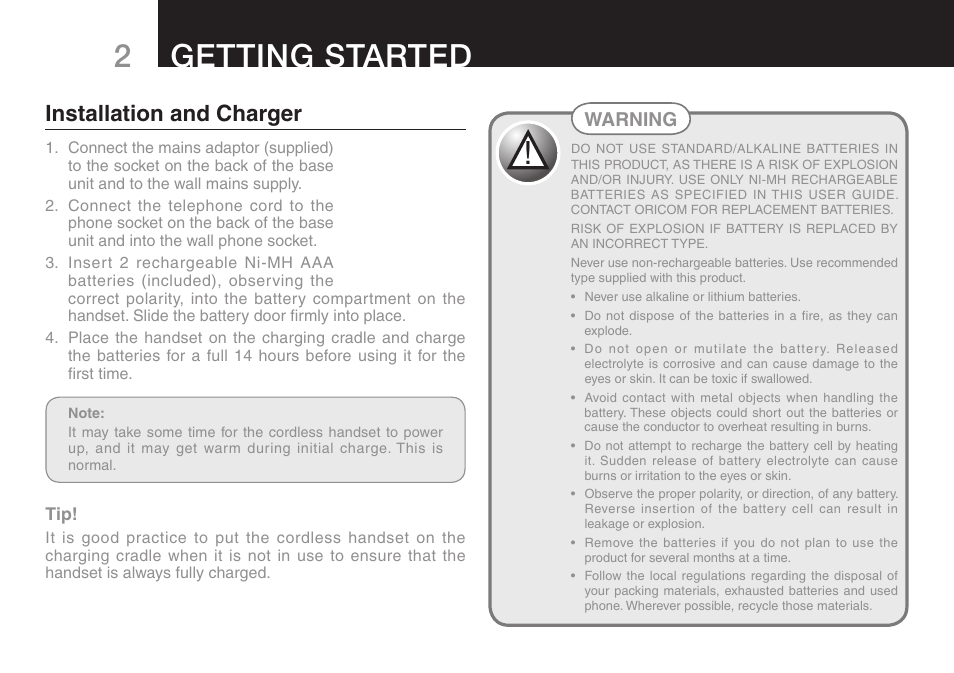 Getting started, Installation and charger | Oricom ECO70 User Manual | Page 4 / 36