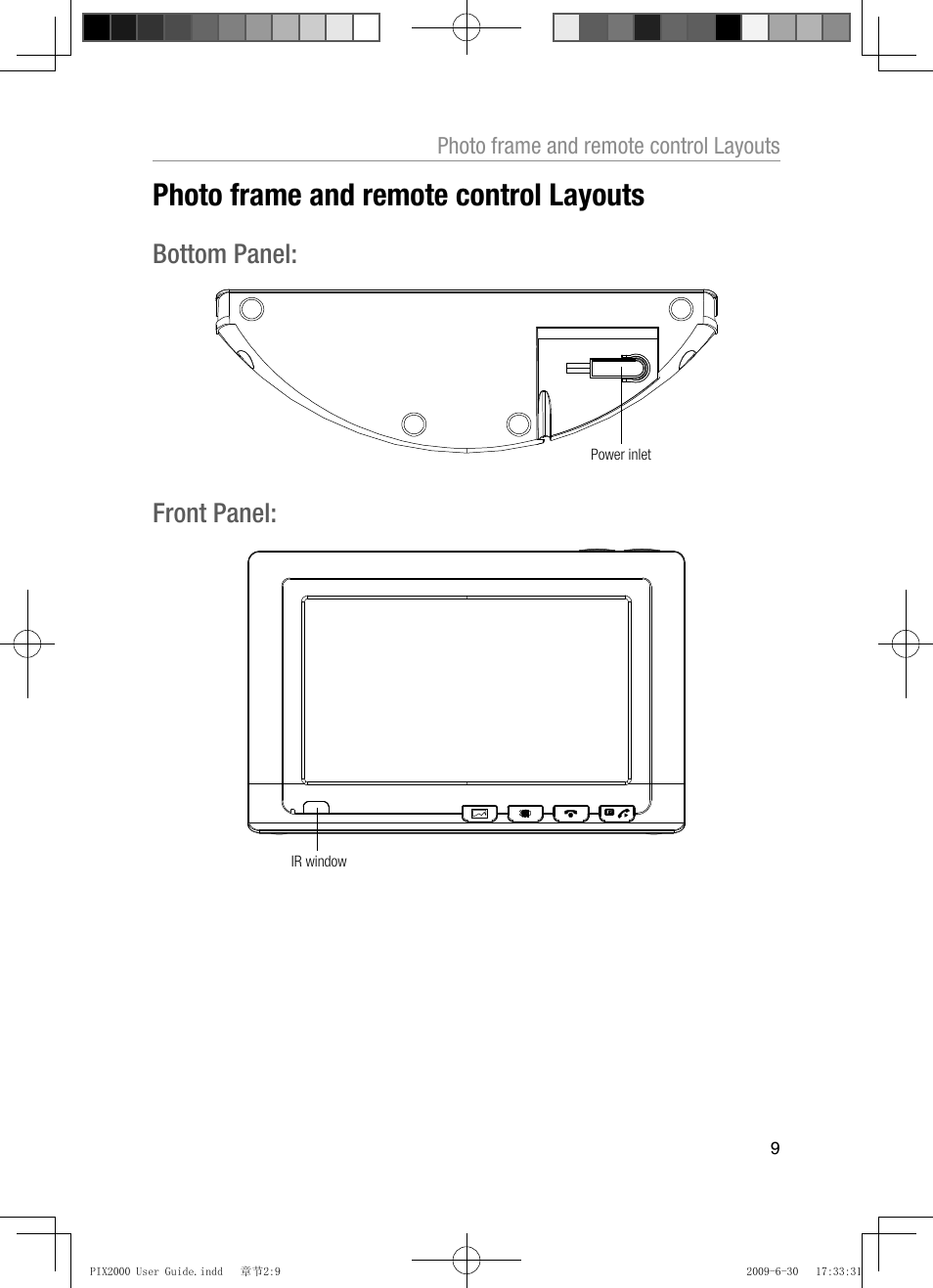 Bottom panel, Front panel, Photo frame and remote control layouts | Oricom PIX2000 User Manual | Page 11 / 67