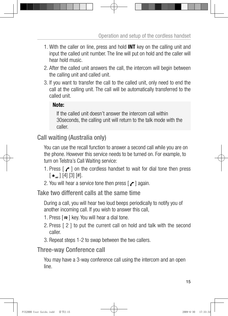 Call waiting (australia only), Take two different calls at the same time, Three-way conference call | Oricom PIX2000 User Manual | Page 17 / 67