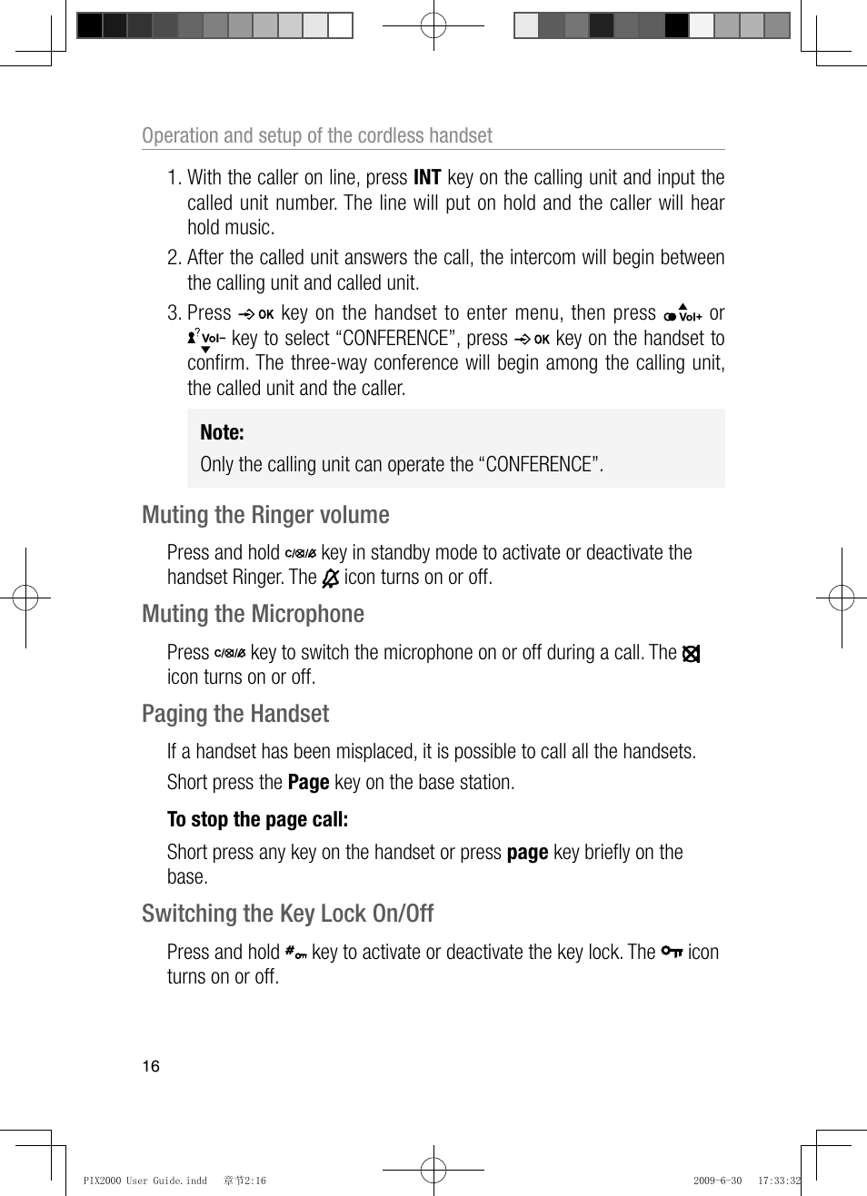 Muting the ringer volume, Muting the microphone, Paging the handset | Switching the key lock on/off | Oricom PIX2000 User Manual | Page 18 / 67