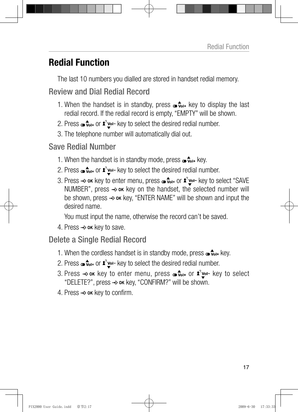 Redial function, Review and dial redial record, Save redial number | Delete a single redial record | Oricom PIX2000 User Manual | Page 19 / 67