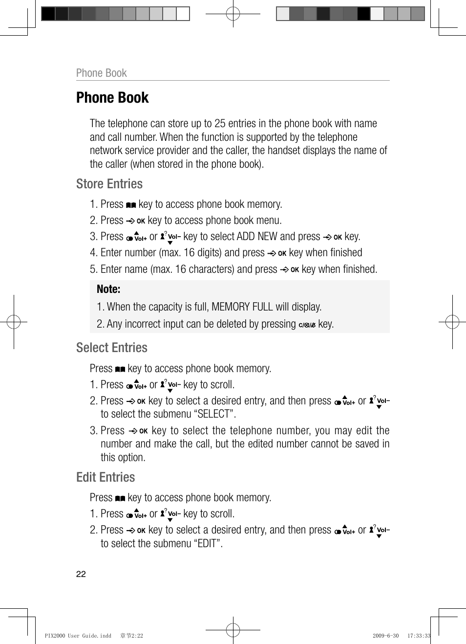 Phone book, Store entries, Select entries | Edit entries | Oricom PIX2000 User Manual | Page 24 / 67