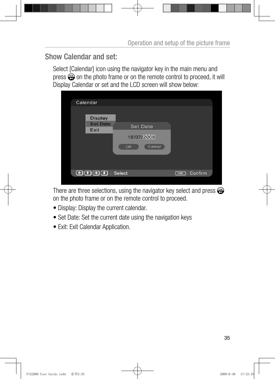 Show calendar and set | Oricom PIX2000 User Manual | Page 37 / 67