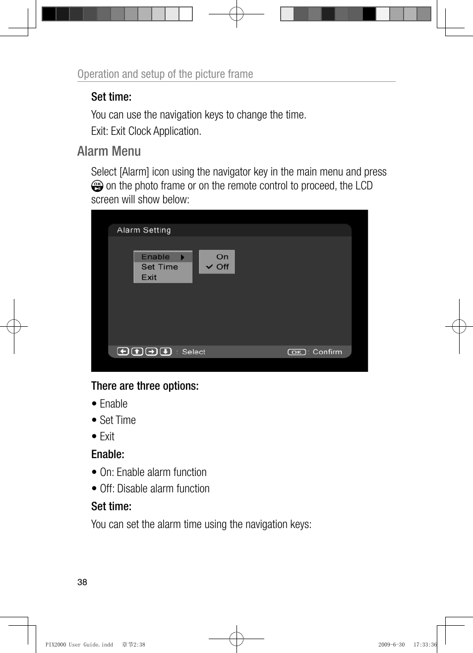 Alarm menu | Oricom PIX2000 User Manual | Page 40 / 67