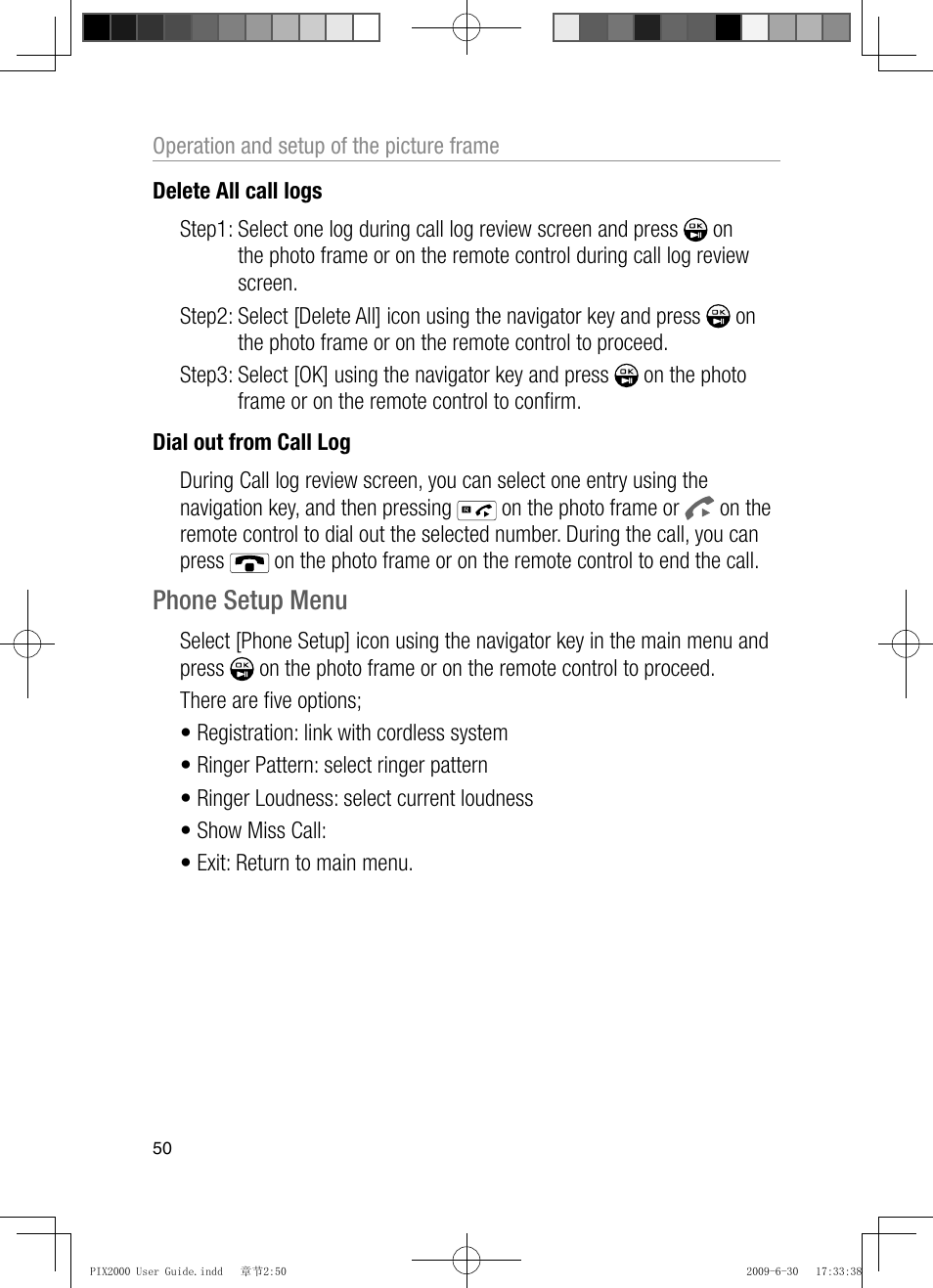 Phone setup menu | Oricom PIX2000 User Manual | Page 52 / 67