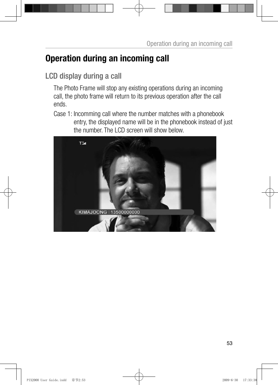 Lcd display during a call, Operation during an incoming call | Oricom PIX2000 User Manual | Page 55 / 67