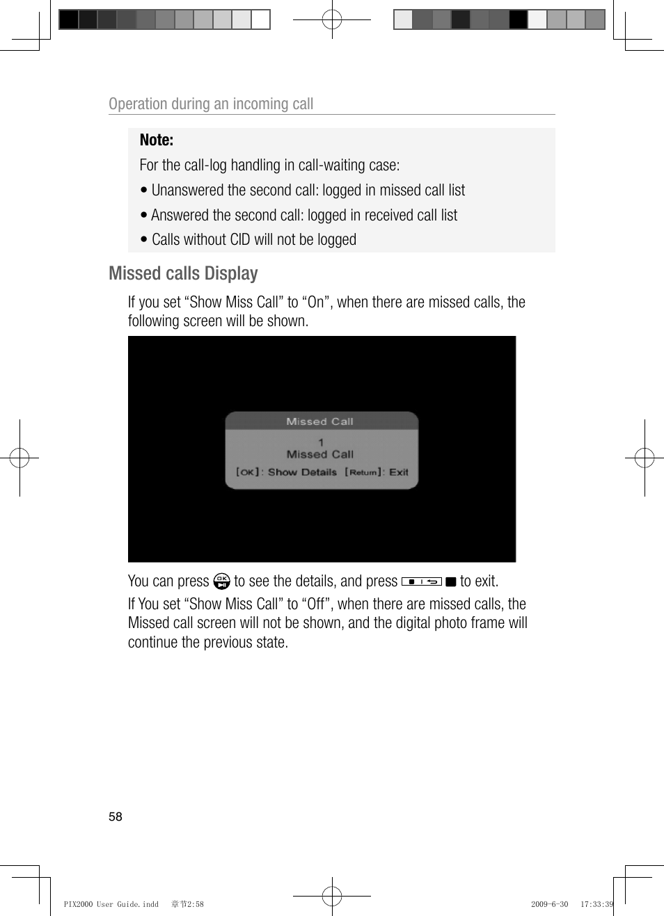 Missed calls display | Oricom PIX2000 User Manual | Page 60 / 67