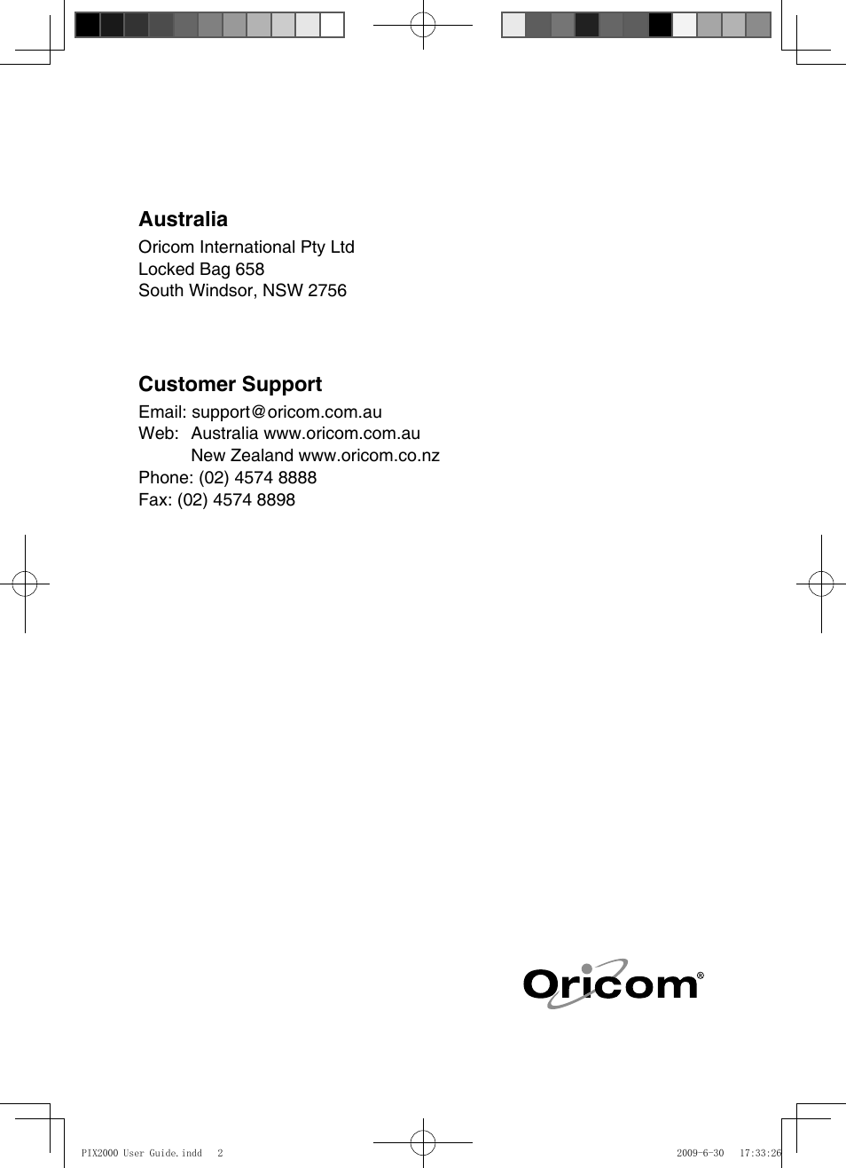 Customer support, Australia | Oricom PIX2000 User Manual | Page 67 / 67